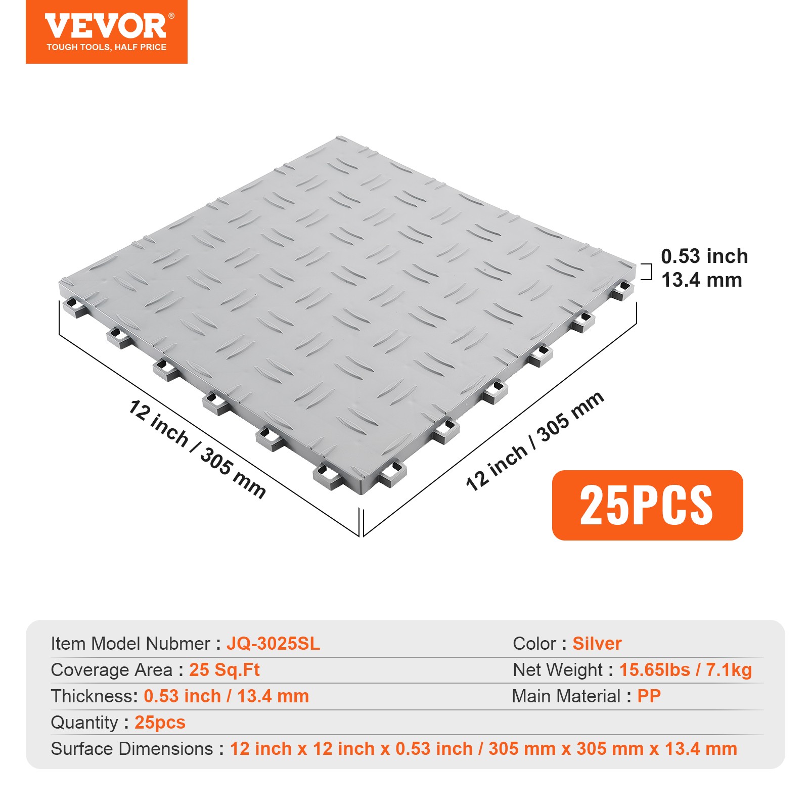VEVOR Garage Tiles Interlocking 12×12 in 25 Pack Garage Flooring Tiles Silver