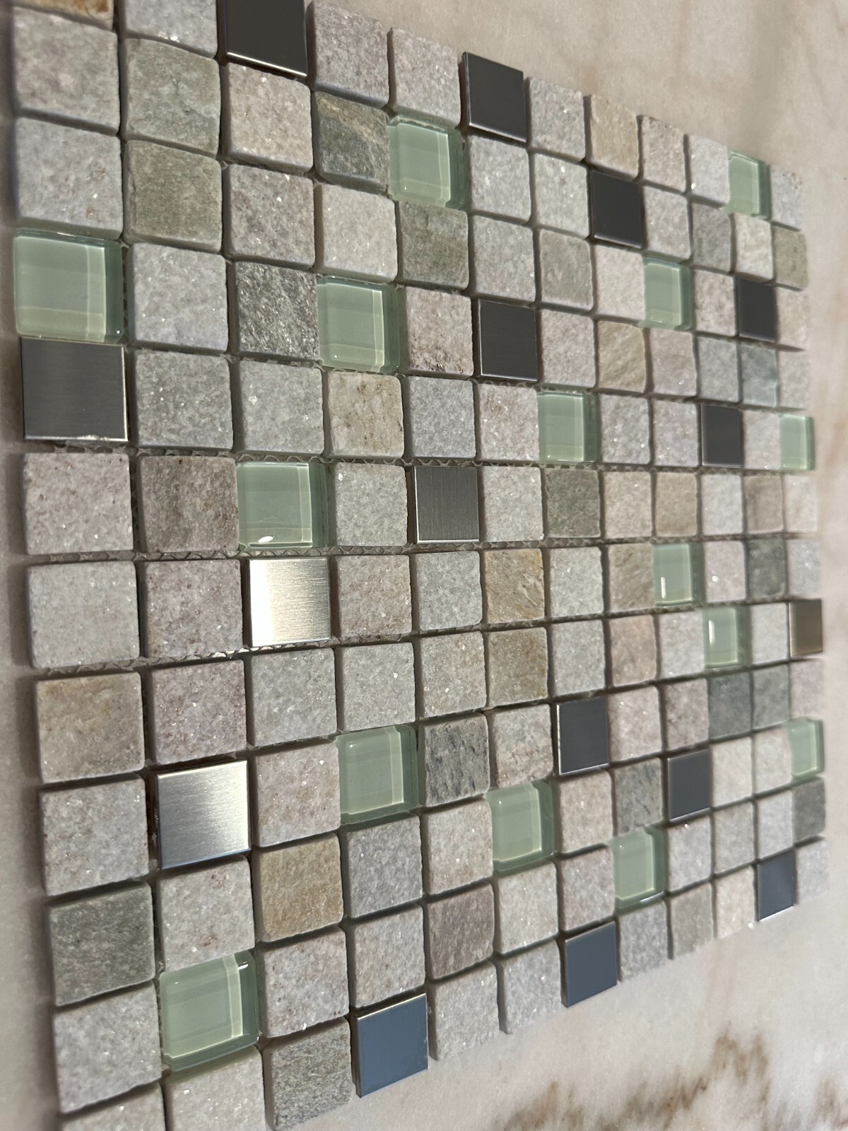1″x1″ Stone, Metallic, and Glass Mix Mosaic Stacked Meshed Mounted