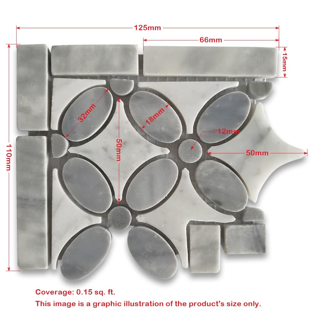 C9C7CXP Flower Mosaic Accent Tile Carrara White Carrera Marble Gray Polished
