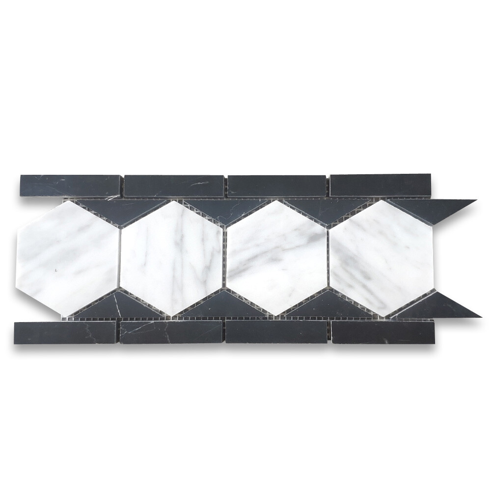 C33B2XH Carrara White Marble 3 Hexagon Listello Mosaic Border Tile Black Honed