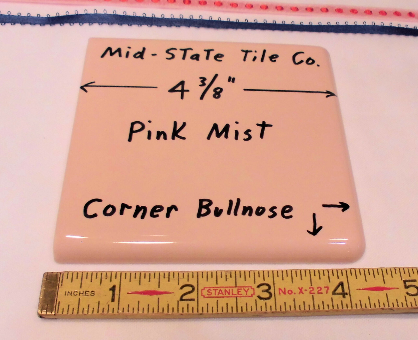 1 pc. “Glossy Pink Mist” Corner Bullnose Ceramic Tile 4-3/8″ by Mid-State Co.