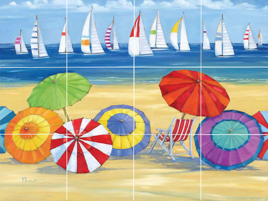 ocean view of sailboat regatta beach umbrellas ceramic tile mural backsplash