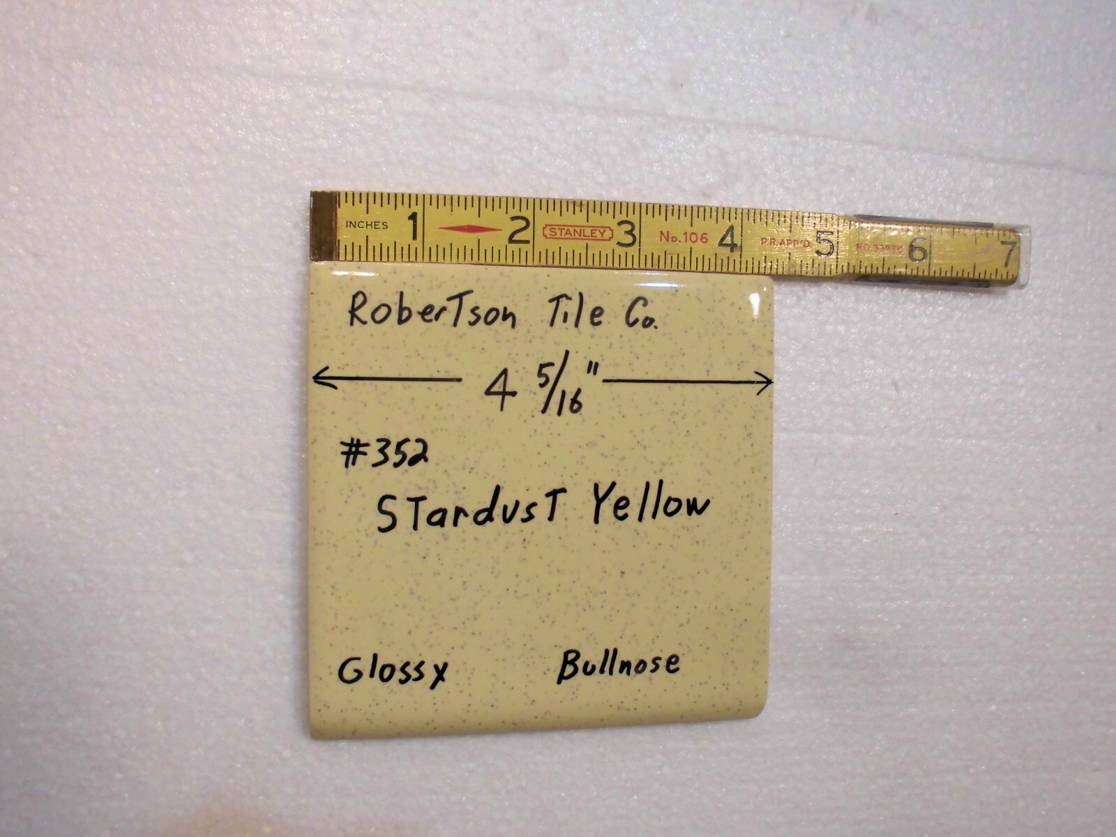1 pc. Stardust Yellow: Vintage Glossy Ceramic Bullnose Tile 4-5/16” Robertson