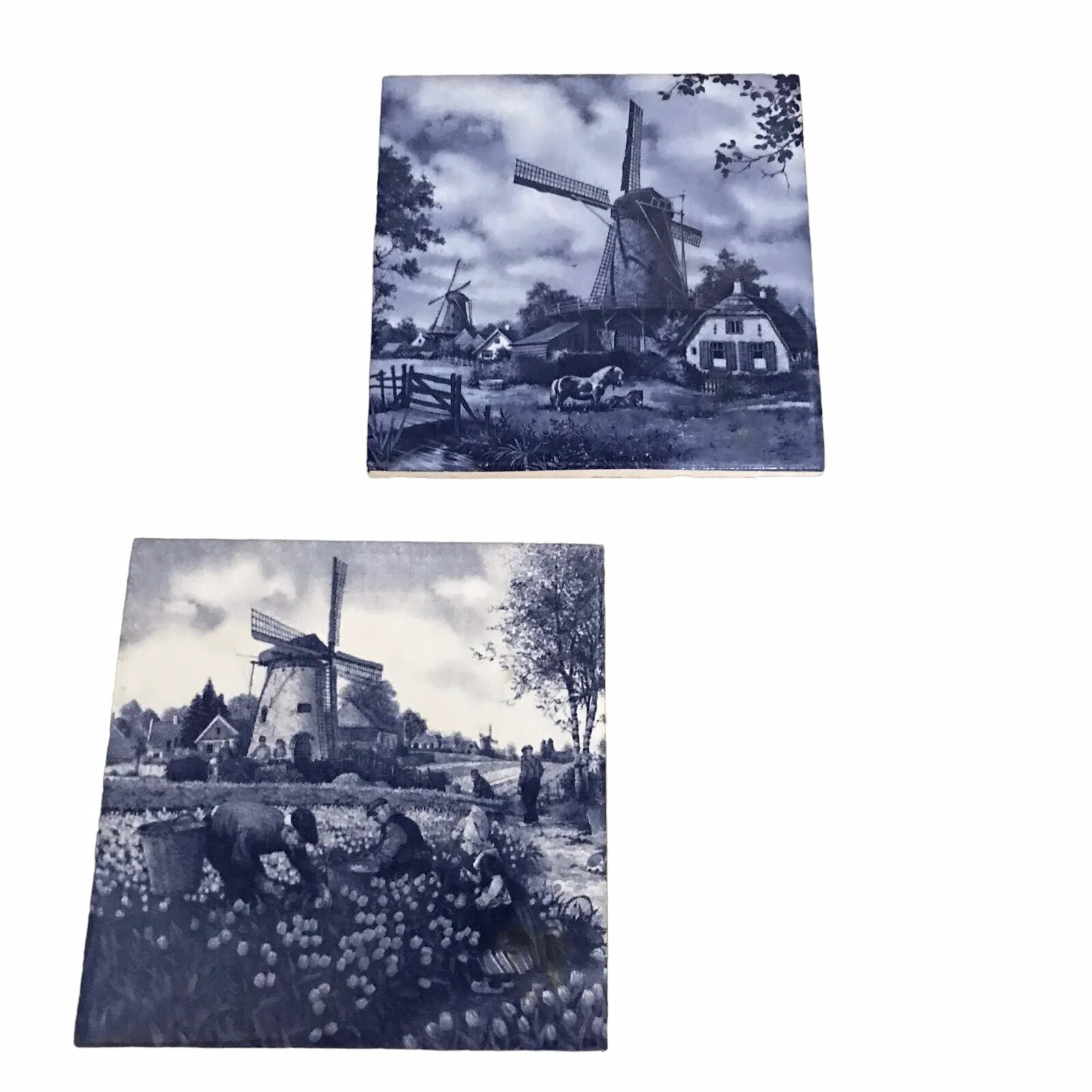 Vintage Delft Blue 4×4 Wall Tiles Pair Windmill Netherlands Replacement