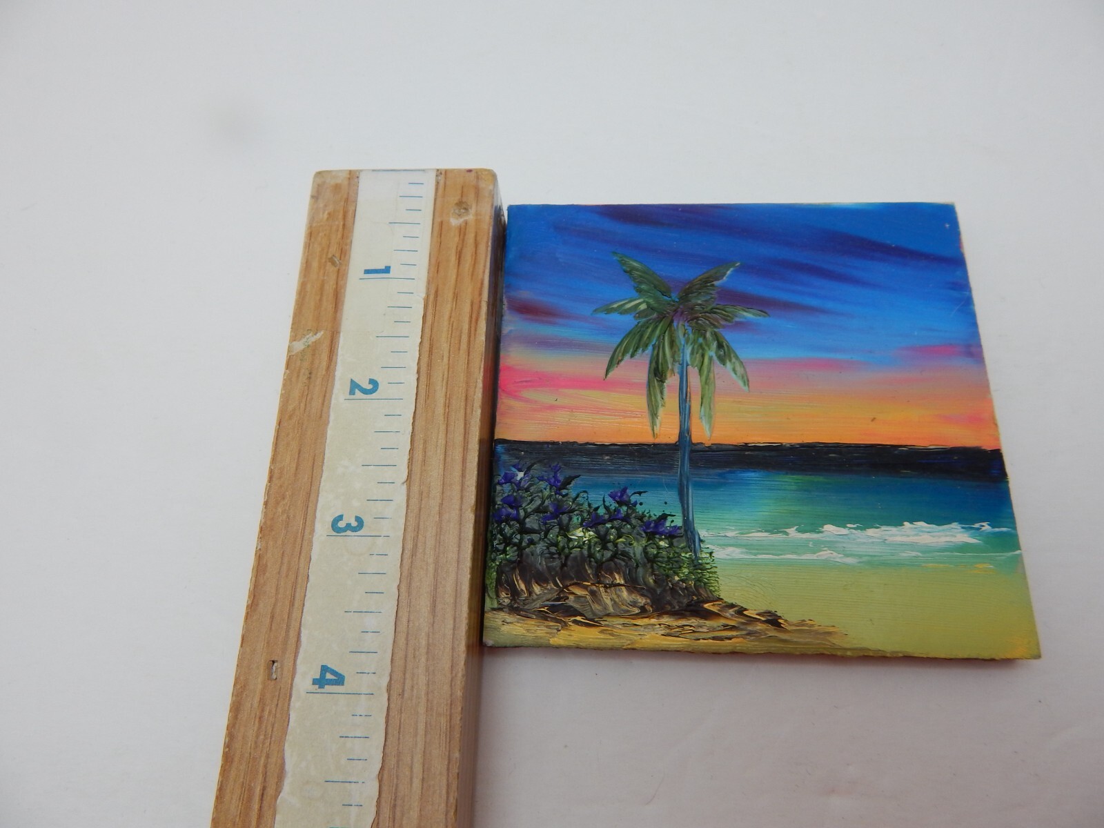 Painted Clay Tile Beach Water Palm Tree Sunset 4 In X 4 In Bathroom Kitchen w278