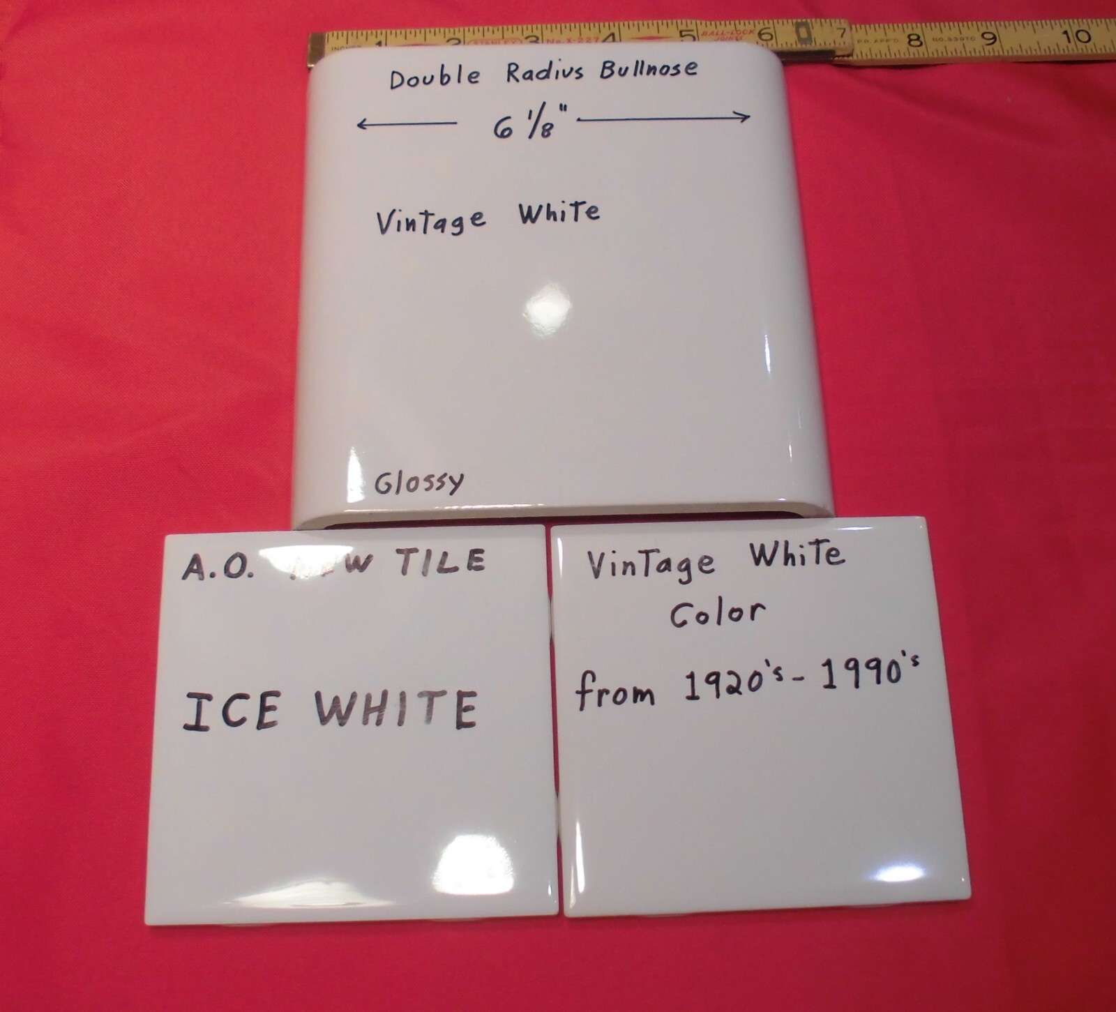 1 pc. Vintage White 6″ x 6″ Double Radius Bullnose Glossy Ceramic Tile, NOS