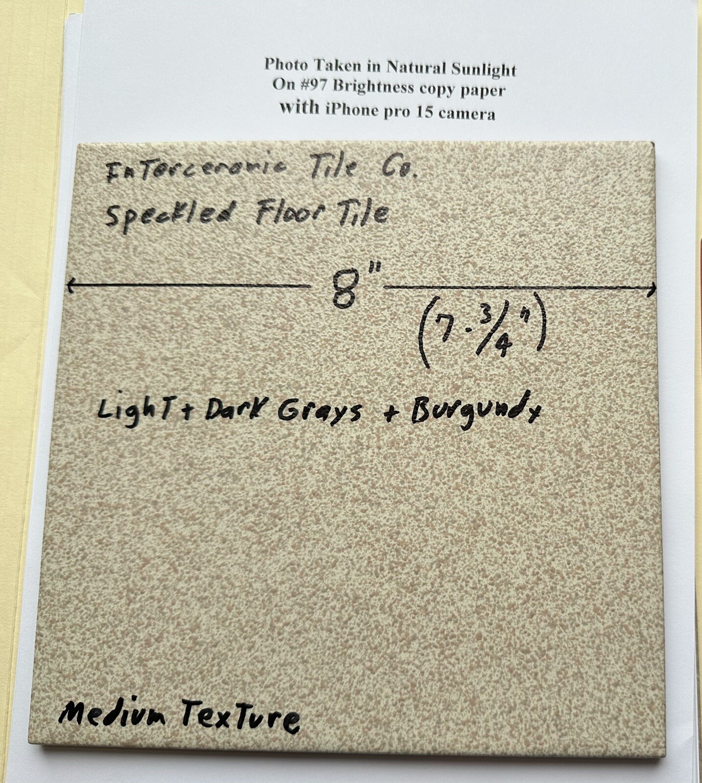 1 pc. Speckled: 7-3/4″ Ceramic Floor Tile: Light + Dark Grays with Burgundy, NEW