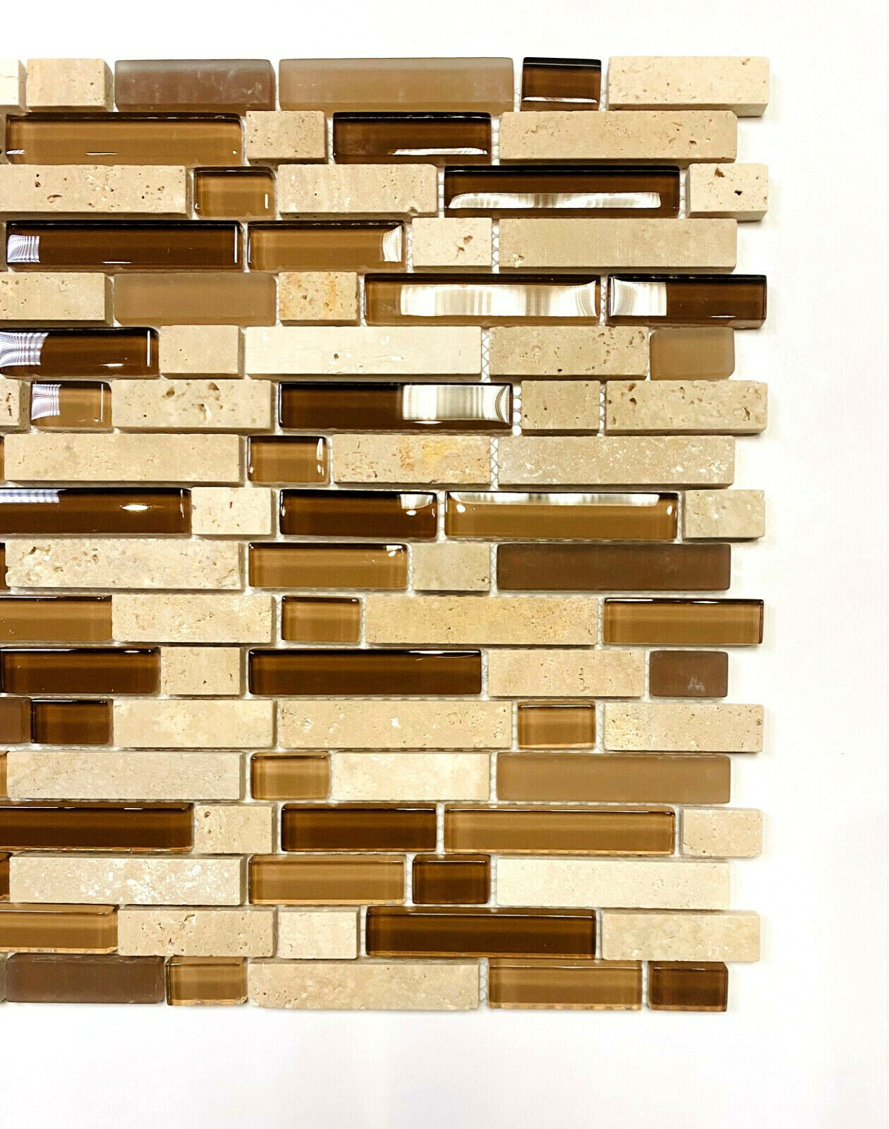 Random Linear Caramel Glass with Ivory travertine mix 11-3/4 in.x12-1/2 in. x8mm