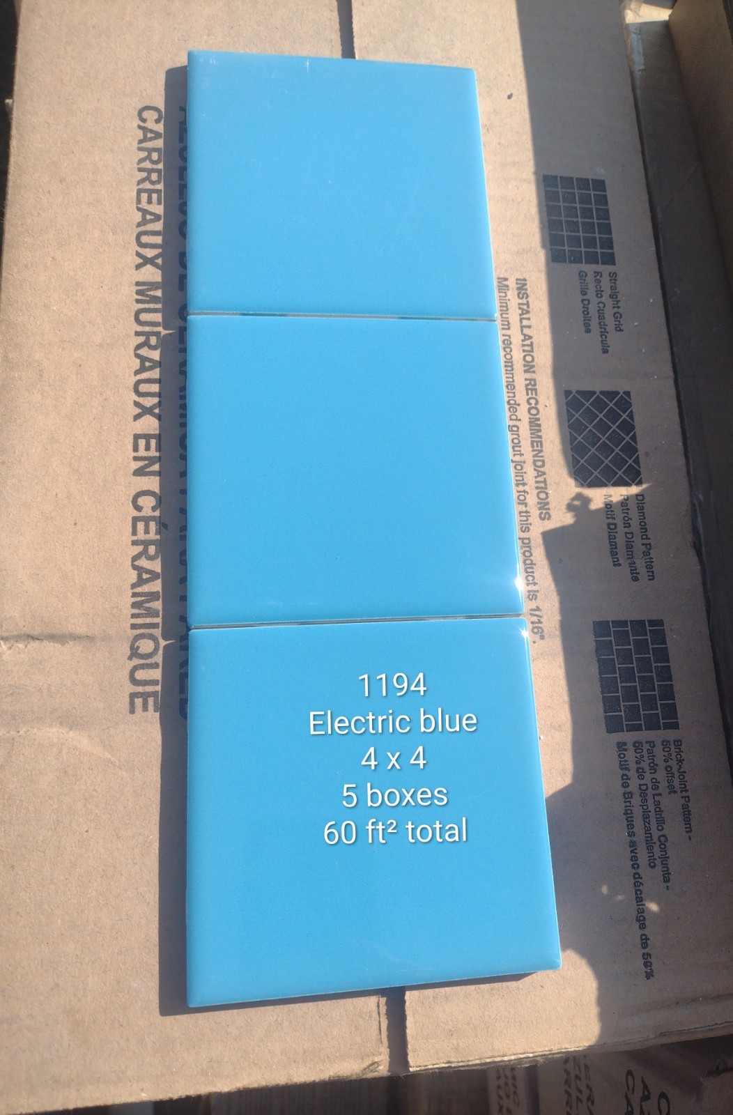 24 Tiles (3 ft²) – Glossy Electric Blue 4×4 Ceramic Subway Tile..Vintage/Retro