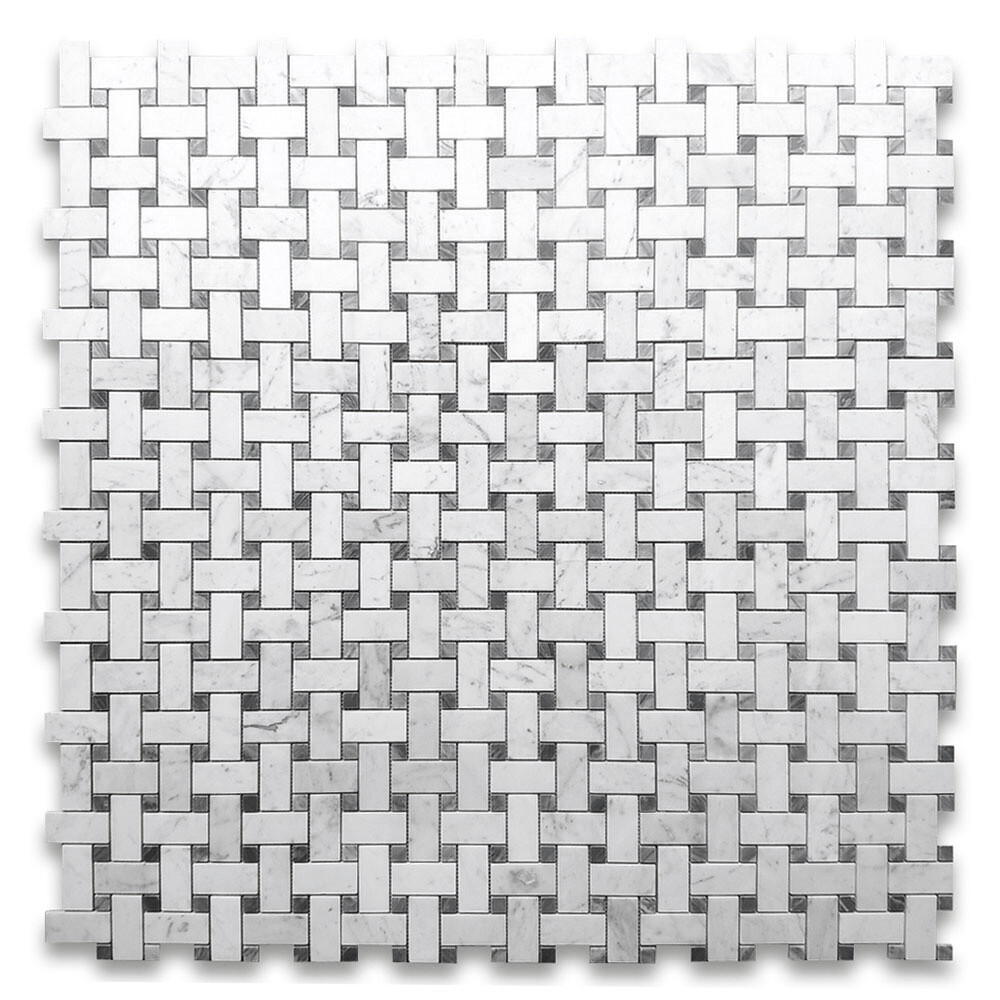 C65L7XH Carrara White Marble Basketweave Mosaic Tile Bardiglio Gray Dots Honed