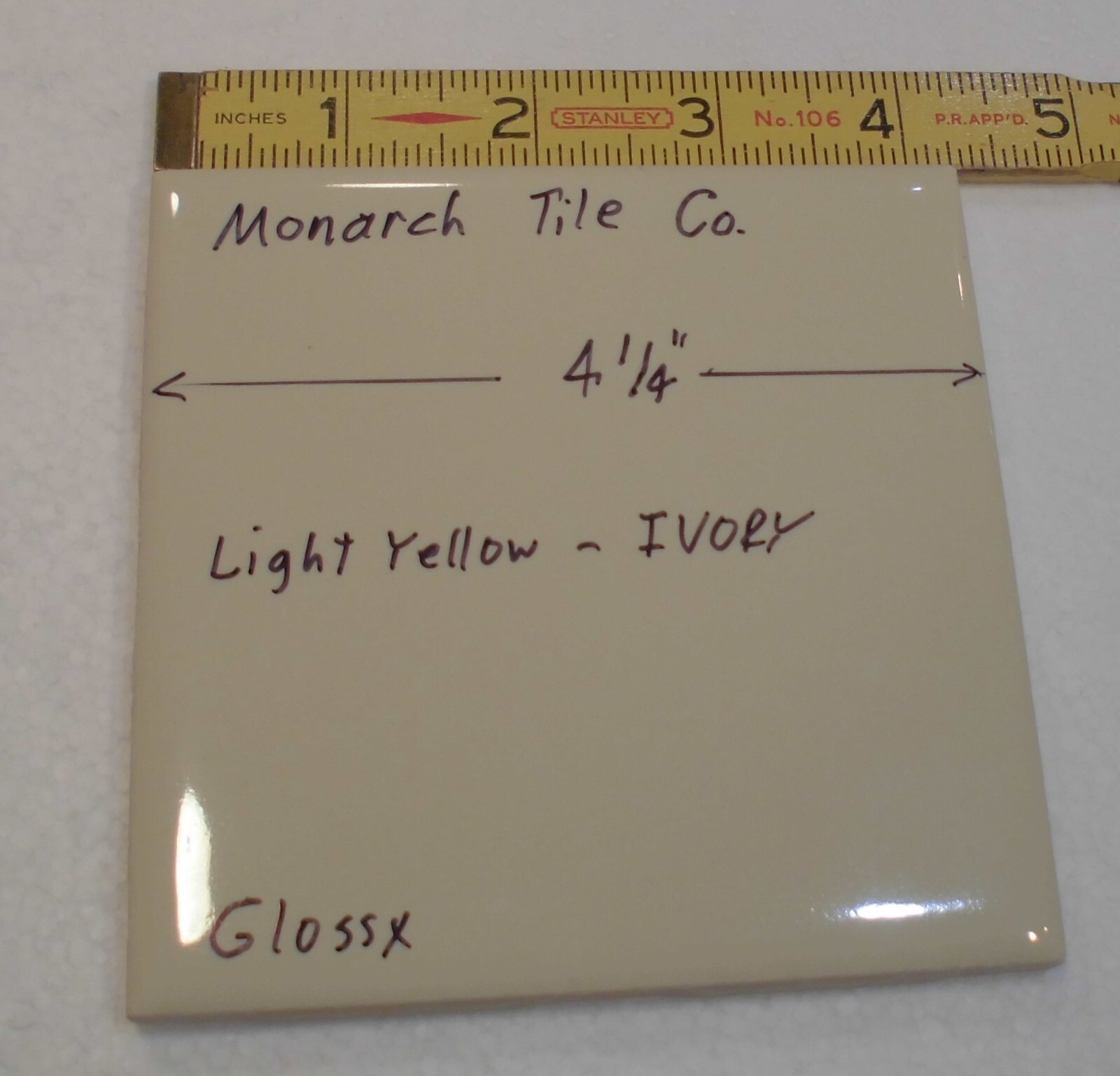 1 pc. Light Yellow – Ivory: 4-1/4″ Glossy Ceramic Tile by Monarch Tile Co. USA