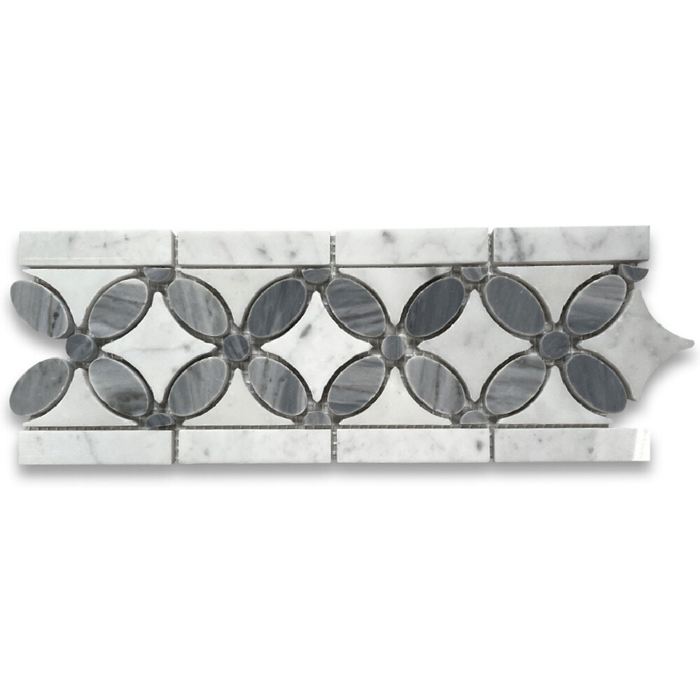 C9C7BXP White Carrara Venato Marble Flower Mosaic Border Tile Gray Polished