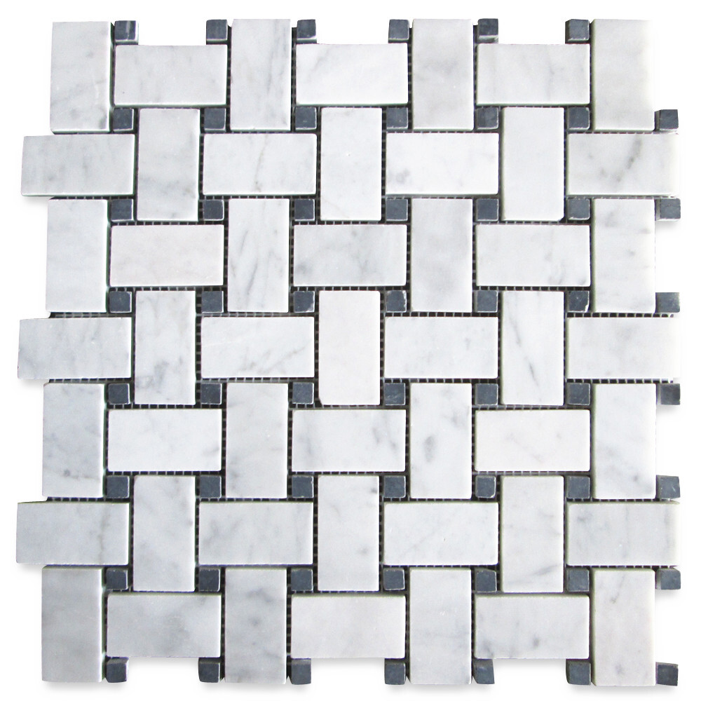 C651XH Carrara Venato Marble Basketweave Mosaic Tile Black Dots Honed 1×2