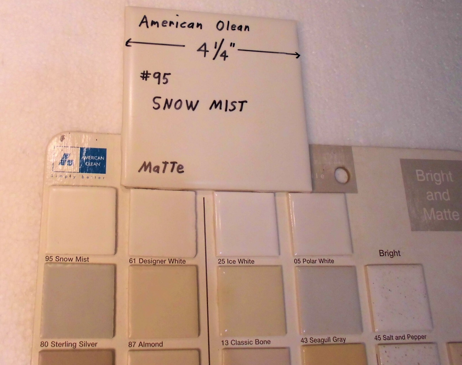 1 pc. Snow Mist: 4-1/4″ Matte White Ceramic Tile: American Olean, 1950’s-80’s