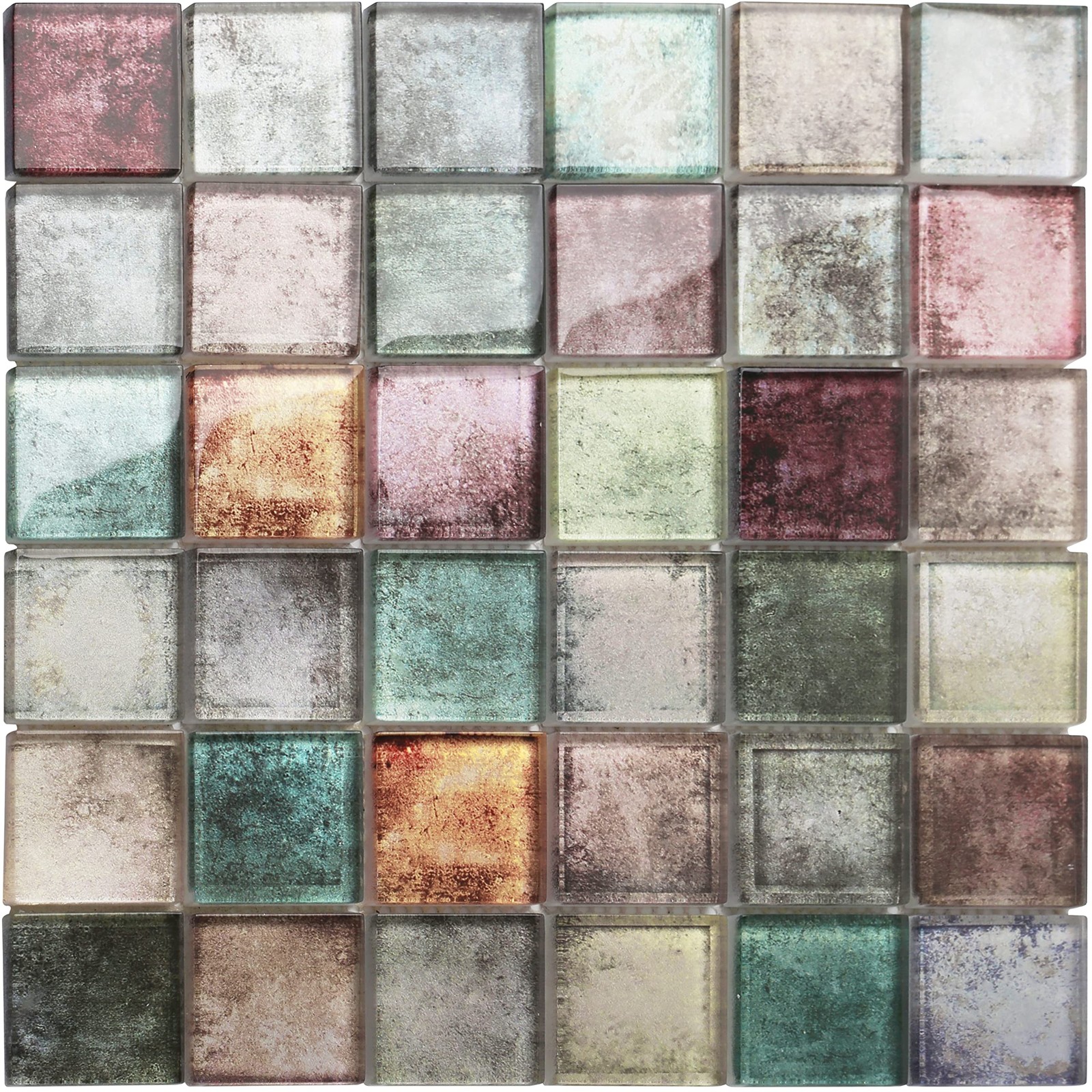 Antique 2” x 2” Glass Squared Tile Glazed Red Grey Grid Mosaic Wall Backspl…