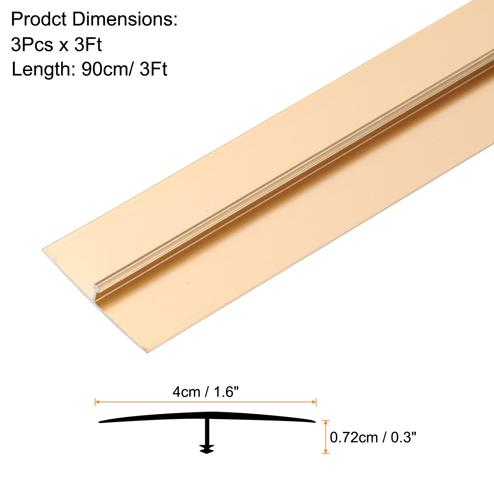 3Pcs Aluminum T Molding Floor Transition Strip 1.6″x3 Ft Gold