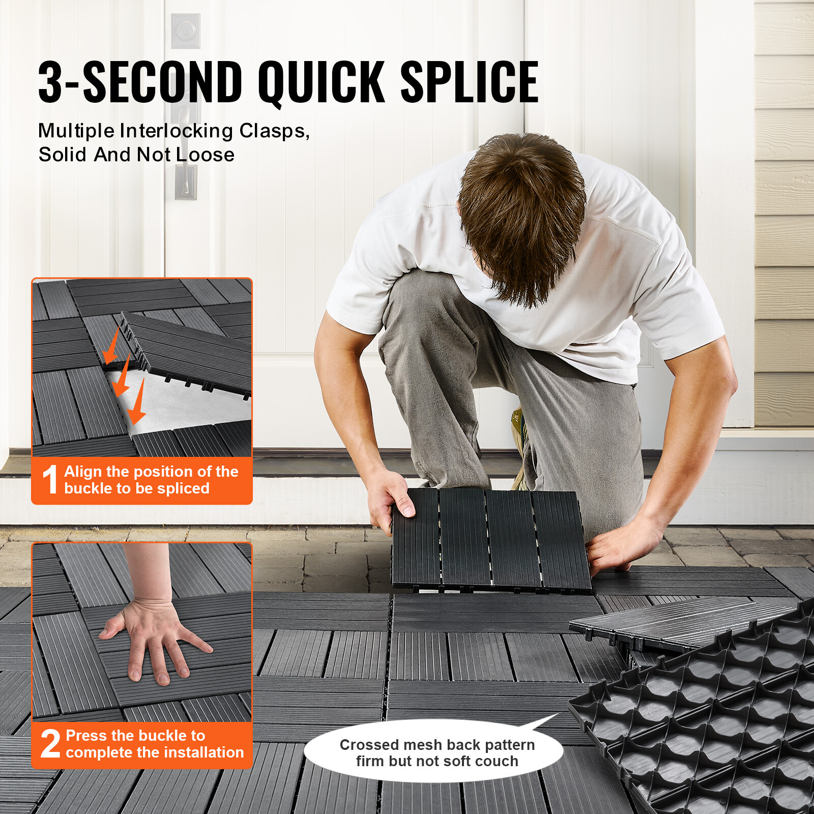 VEVOR Interlocking Deck Tiles 54 Pack 12″x12″ Plastic for Porch Dark Grey