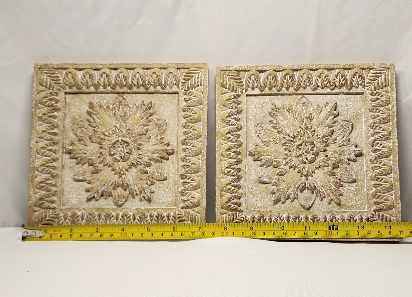 Set of 2 Beige/Brown Embossed Floral Relief Ceramic Wall Decor 8×8