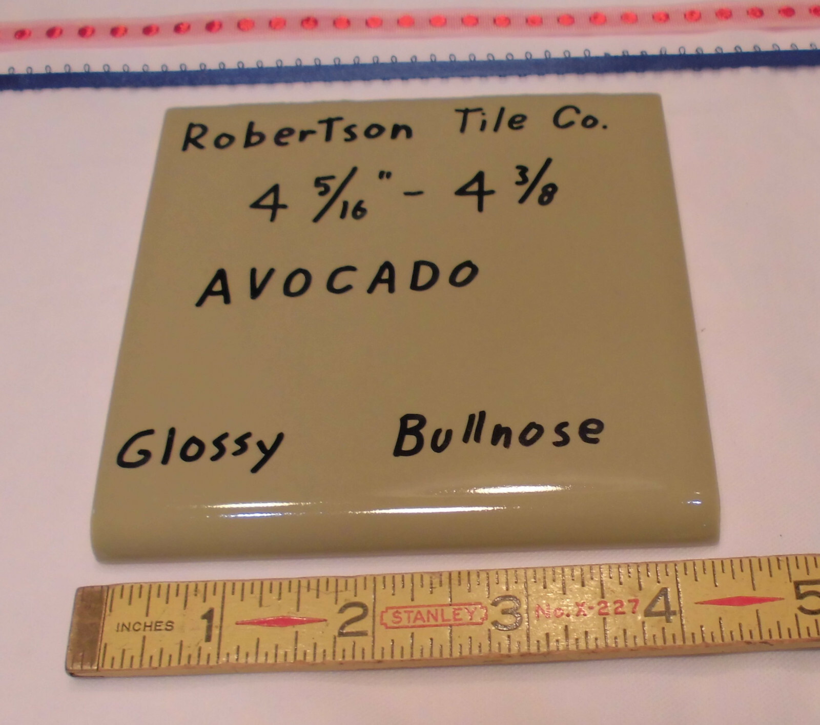 1 pc. *Avocado – Green* Vintage Glossy Ceramic Bullnose Tile 4-5/16” Robertson