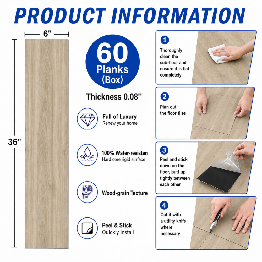 60-Pack Vinyl Floor Tile Peel & Stick 36×6″ 90 Sq Ft, Waterproof Flooring, Brown