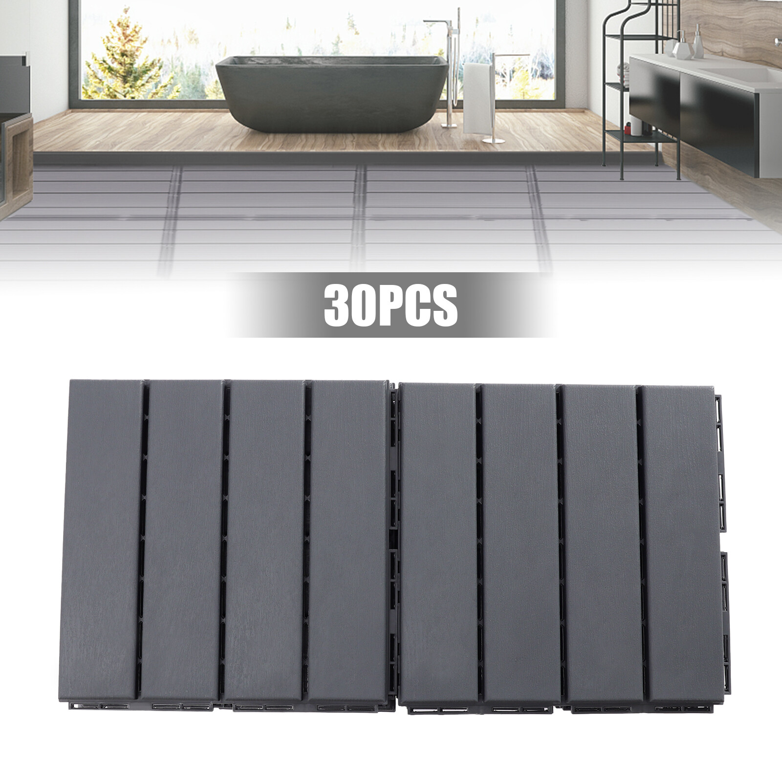 30 Pcs PB-319 Interlocking Deck Tiles Dark Gray Rectangular Efficient Drainage