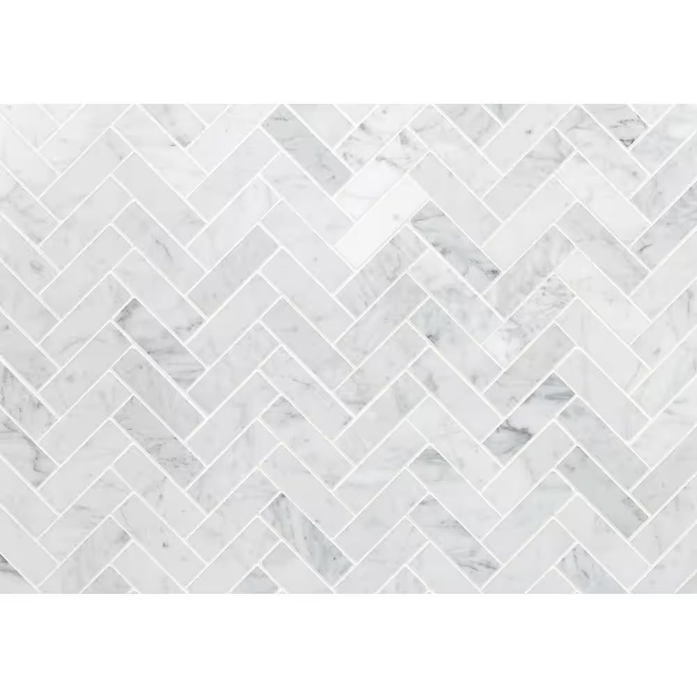 White Carrara Herringbone 12 In. X 12 In. 10Mm Polished Marble Stone Mosaic Wall