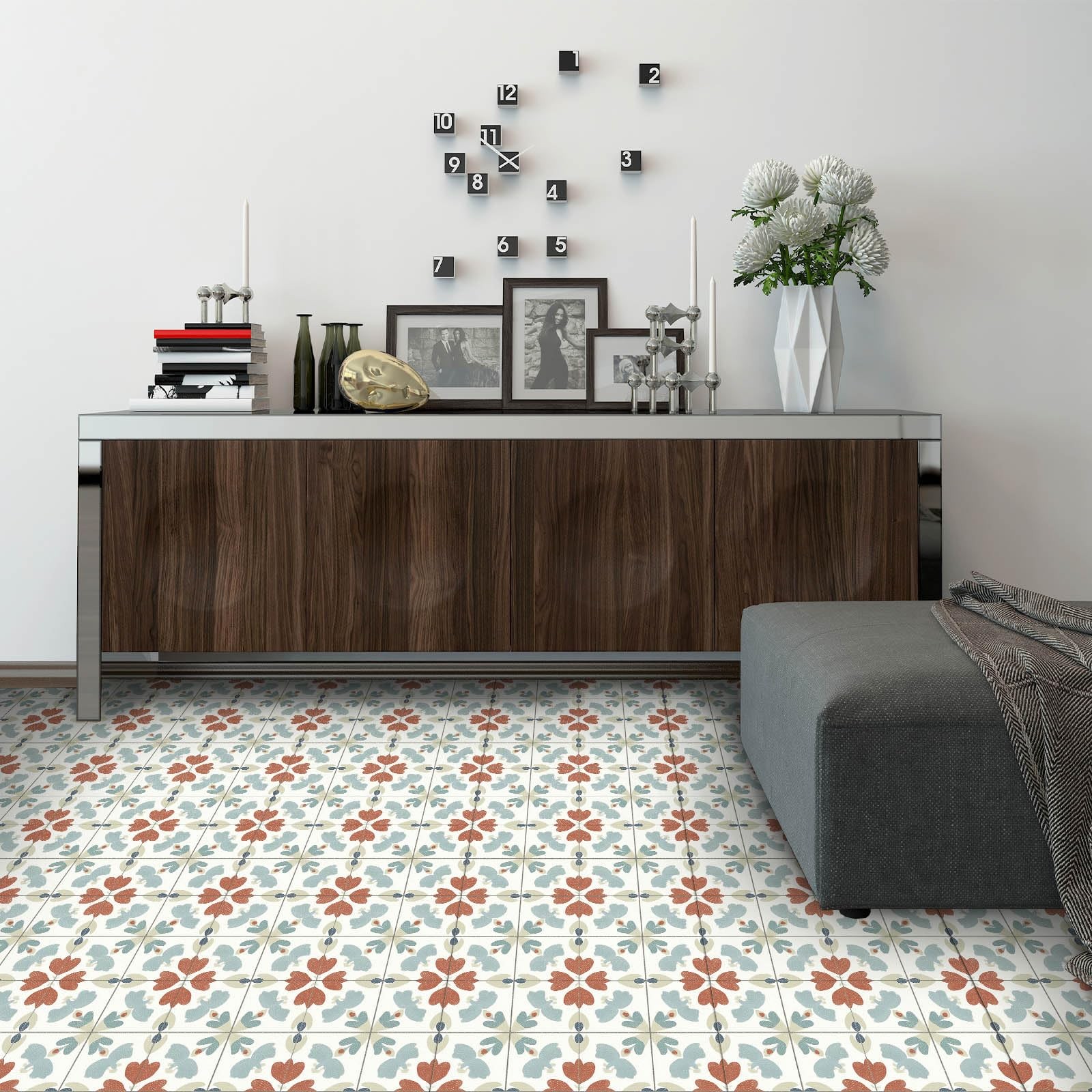 10PCS 12×12 Inch Floral Pattern Floor Tiles Peel and Stick Removable Self Adh…