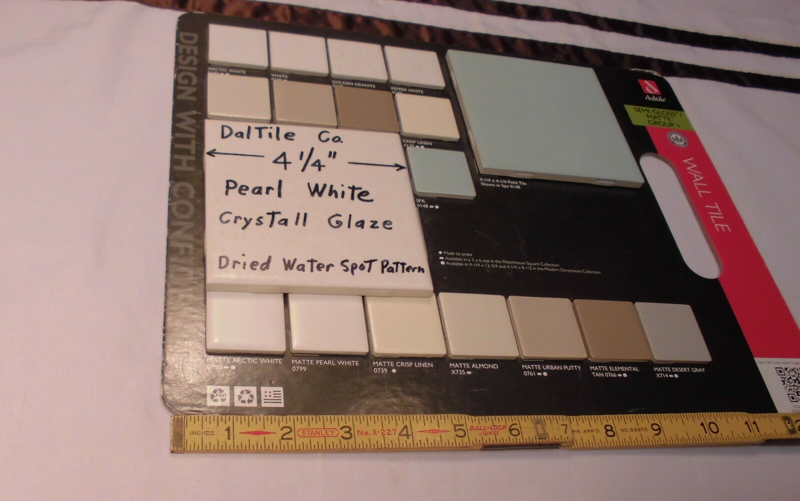 1 pc. *Pearl White* Ceramic Tile by Daltile 4-1/4″ Crystall Glaze, New 1990’s