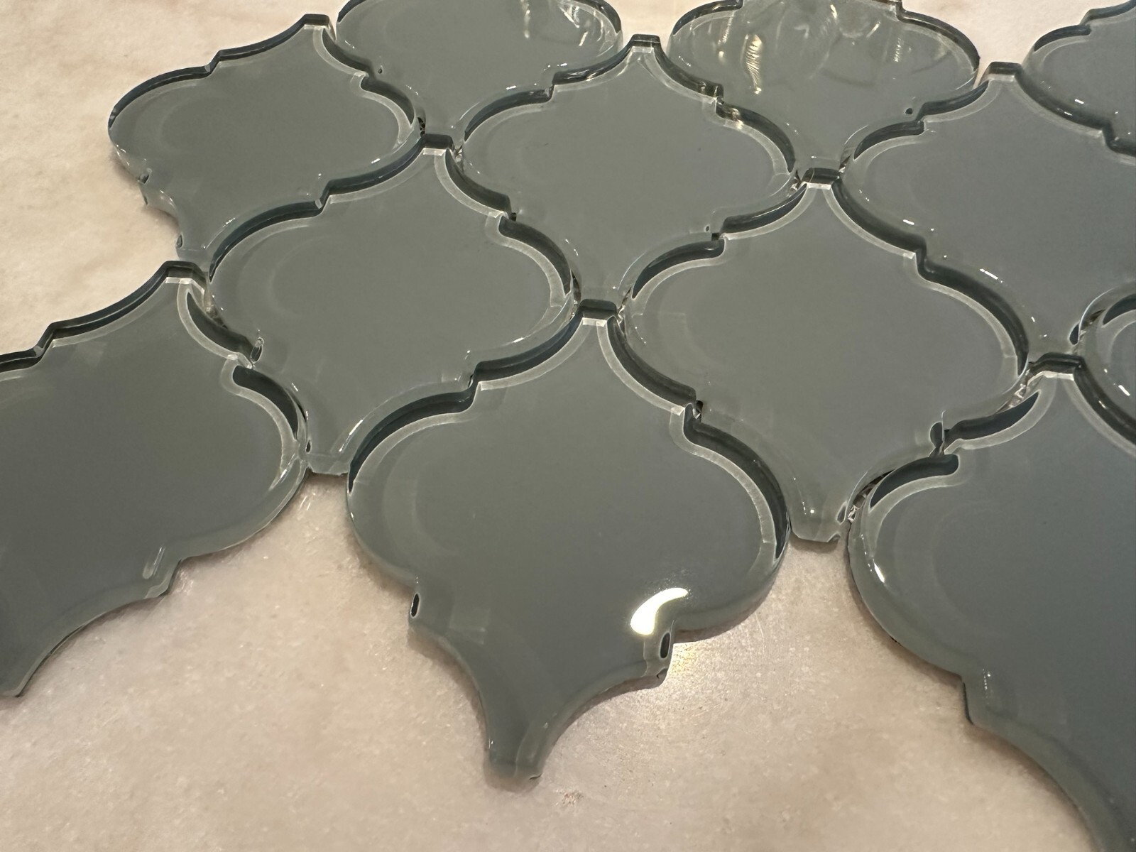 Gray Arabesque Glossy Glass Mosaic 9″x13″ Offset