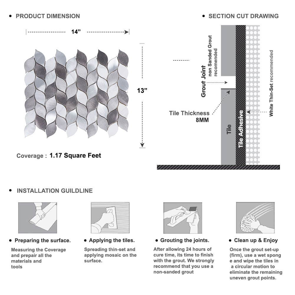 Modern Gray Metallic Blended Natural Stone Leaves Pattern Mosaic Backsplash Tile