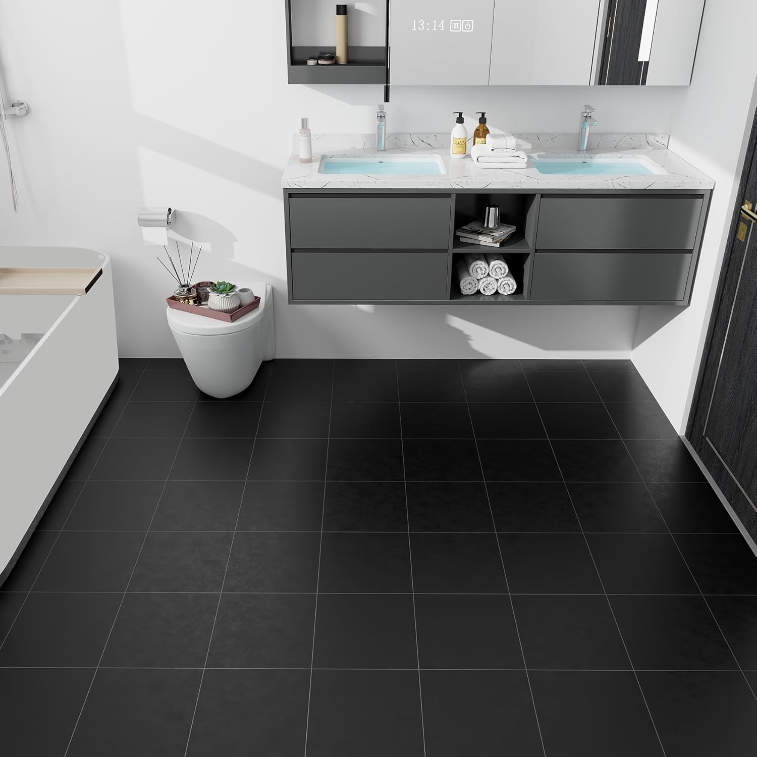 Black Marble Peel and Stick Vinyl Floor Tiles,20 Tiles – 12″ x 12″,Waterfproo…