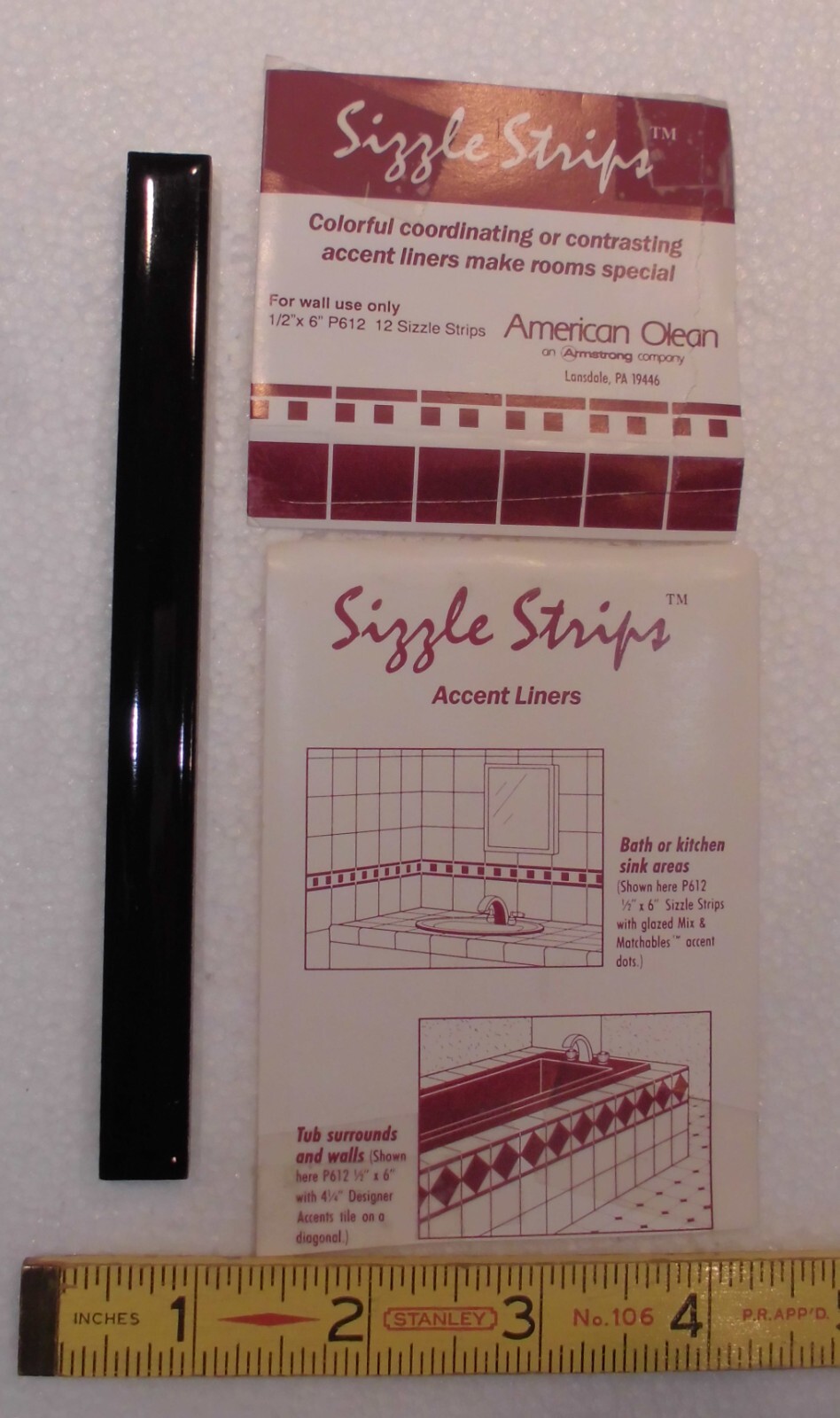 Gloss Dark Black Ceramic Liner-Sizzle Tile 1/2″ X 6″ American Olean, made 1960’s