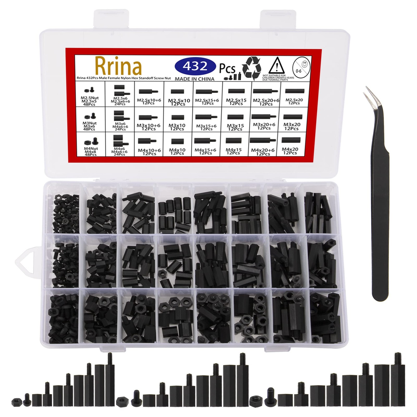 Rrina 432Pcs M2.5 M3 M4 Male Female Nylon Hex Standoff Screw One Size, black