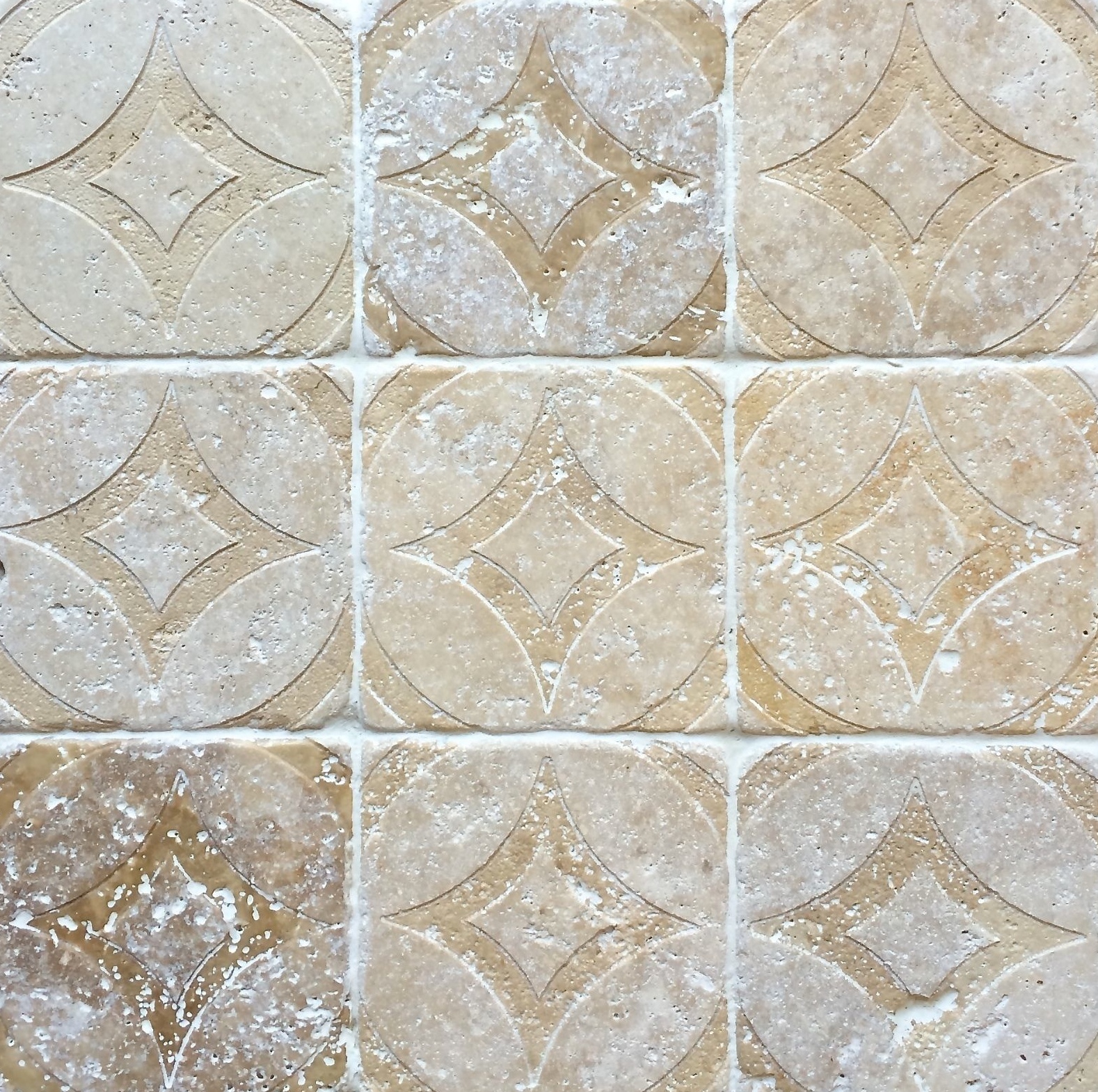 Walnut Tumbled 4×4 Circa Carved Handmade Travertine Stone Decor Tile Backsplash