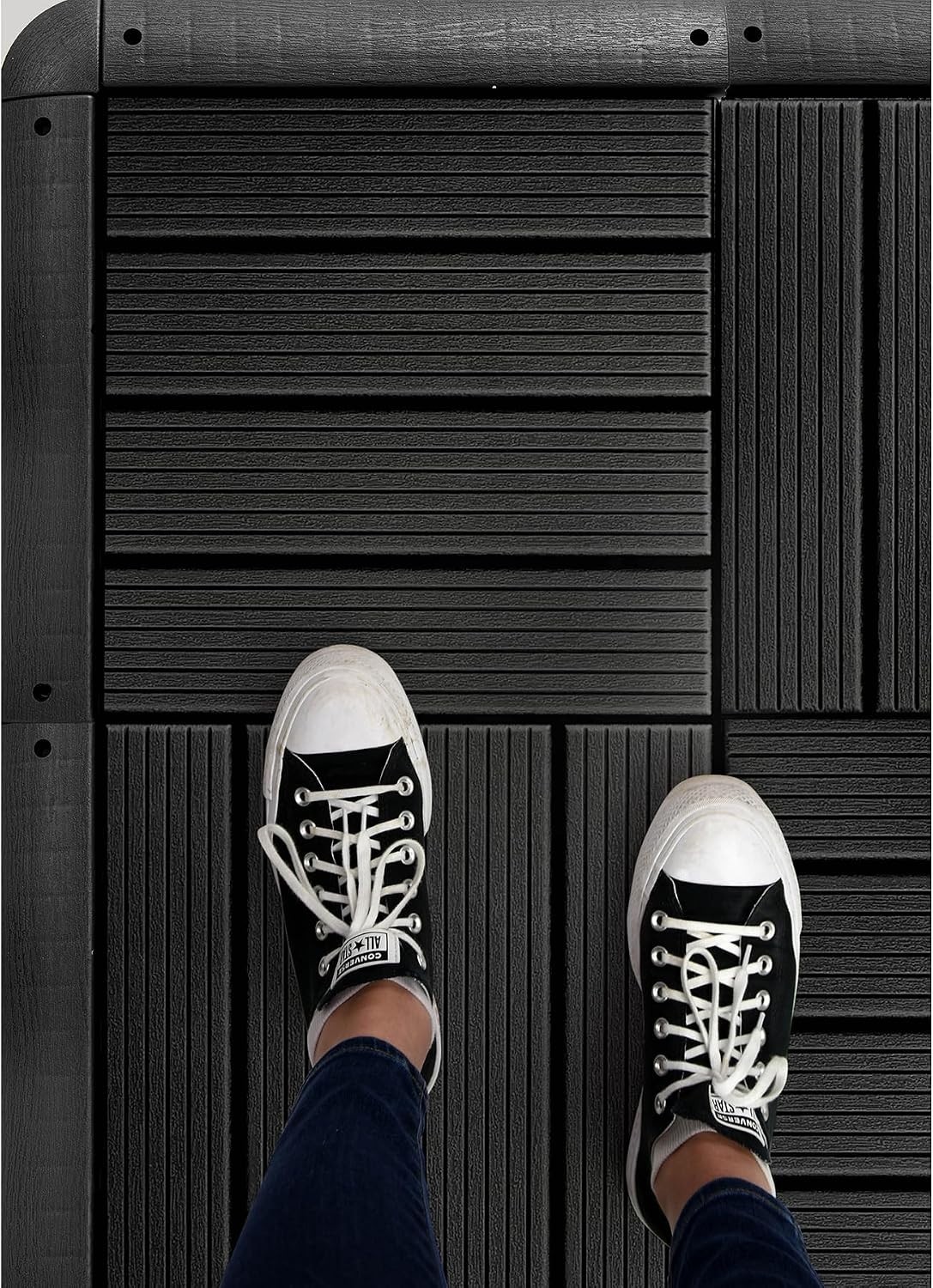Compact Pack of 4 Interlocking Dark Grey Deck Edge Tiles – Easy Drainage Design