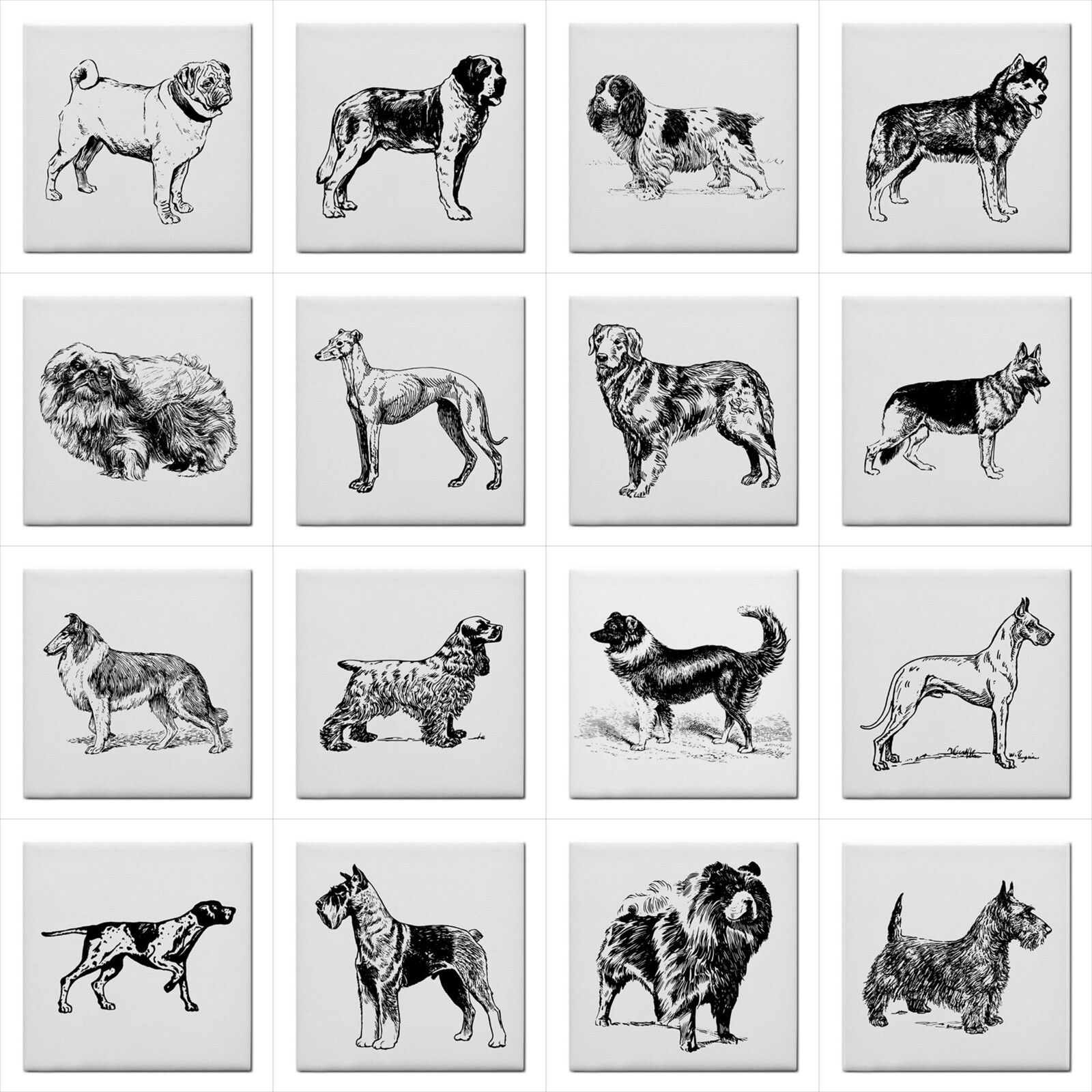 Dogs Ceramic Tile Set Of 16 Backsplash 4.25″ Tiles Home Decor Dog Breed Art