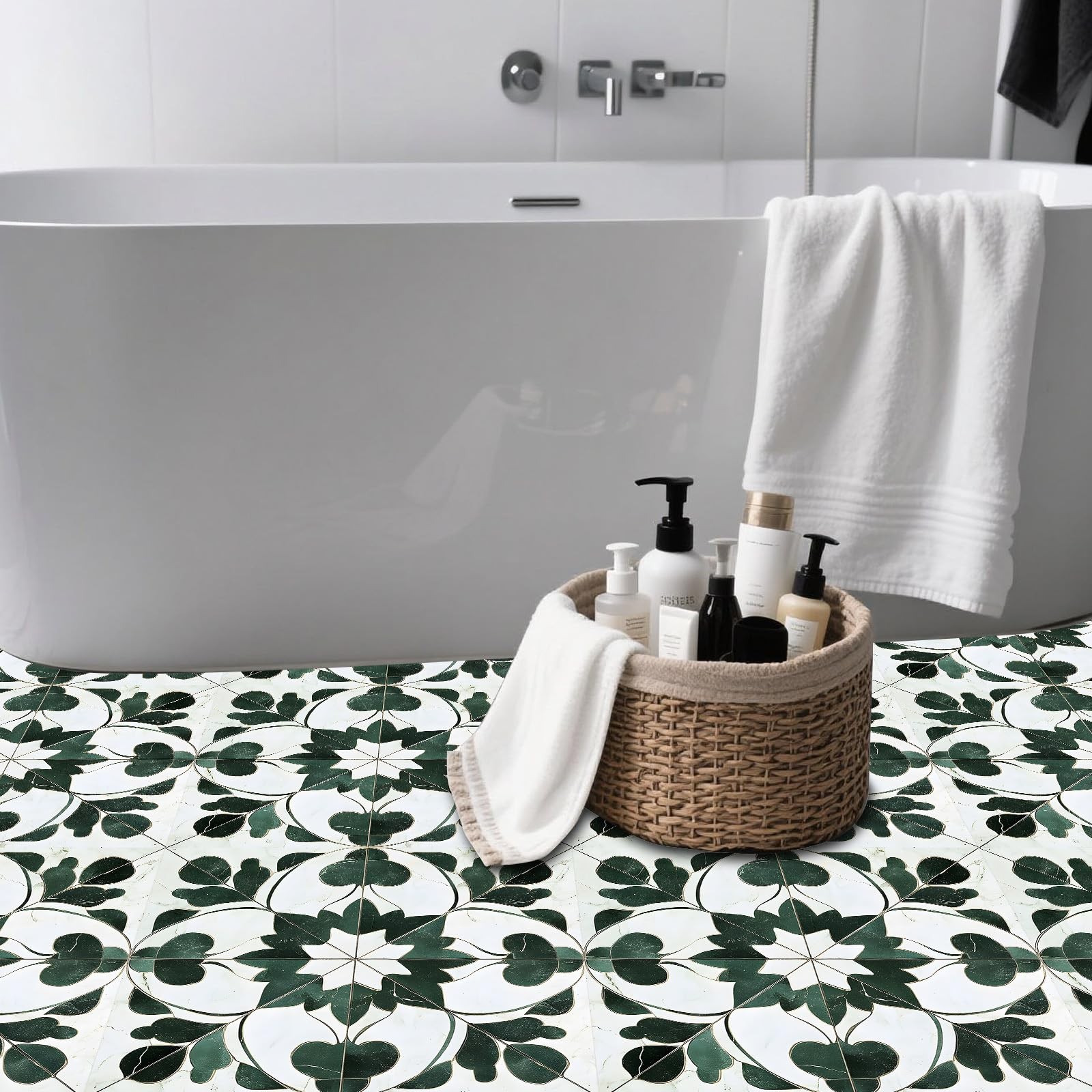 Peel and Stick Vinyl Floor Tiles, 11.8″x11.8″ Green Leaf Geometric Pattern, 1…