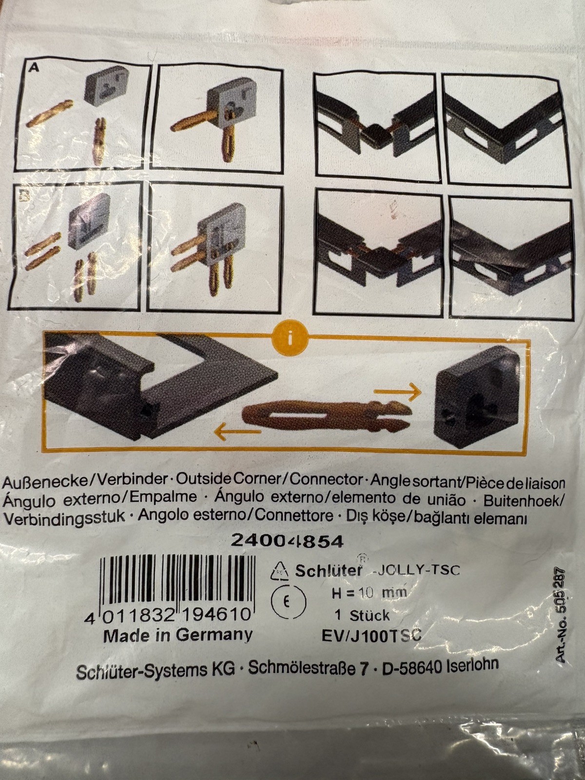 Schlüter JOLLY Tile Trim Corner Connectors for 3/8” Jolly Trim, Cream color.