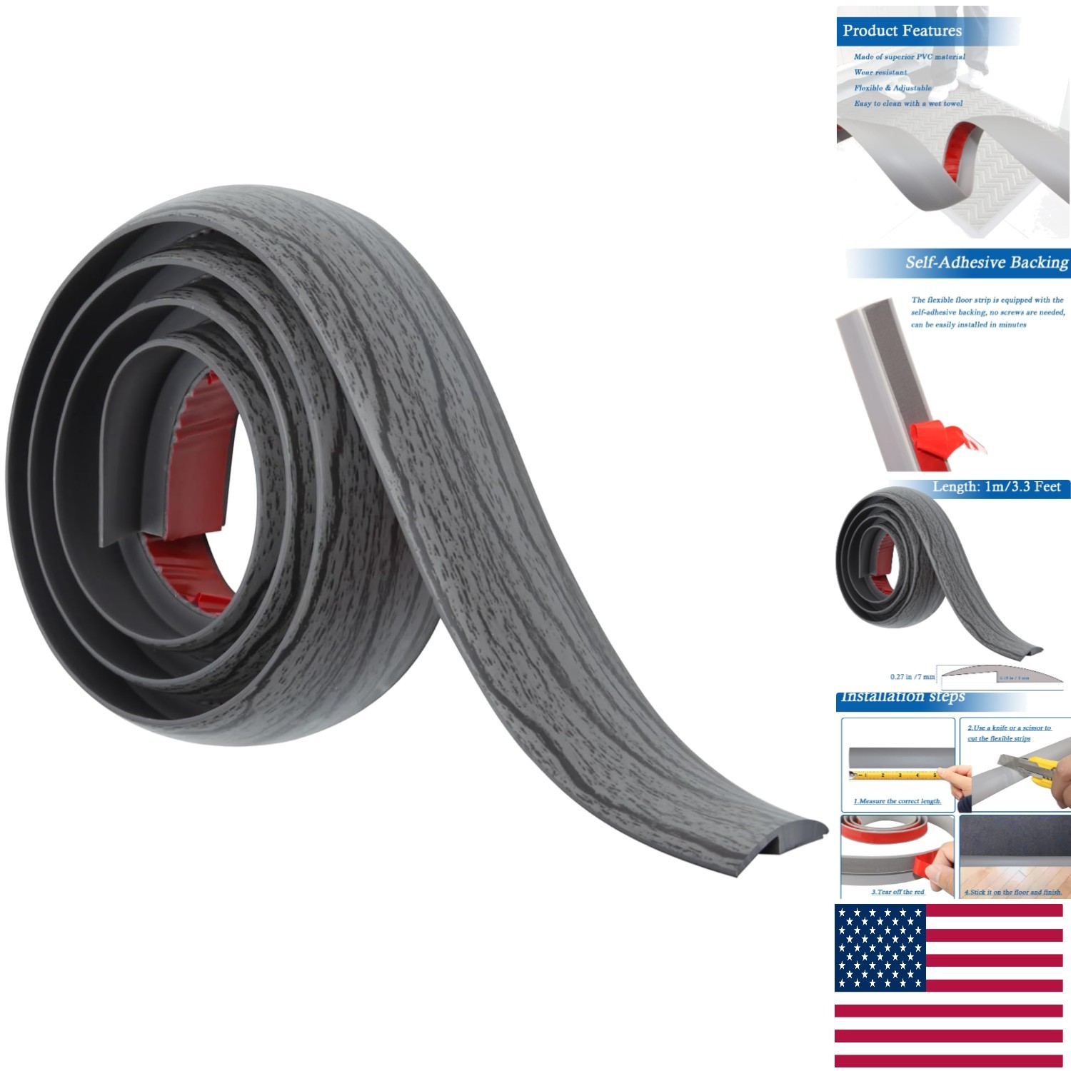 Flexible PVC Transition Strip – Self-Adhesive and Cuttable, 3.3Ft, Under 5mm