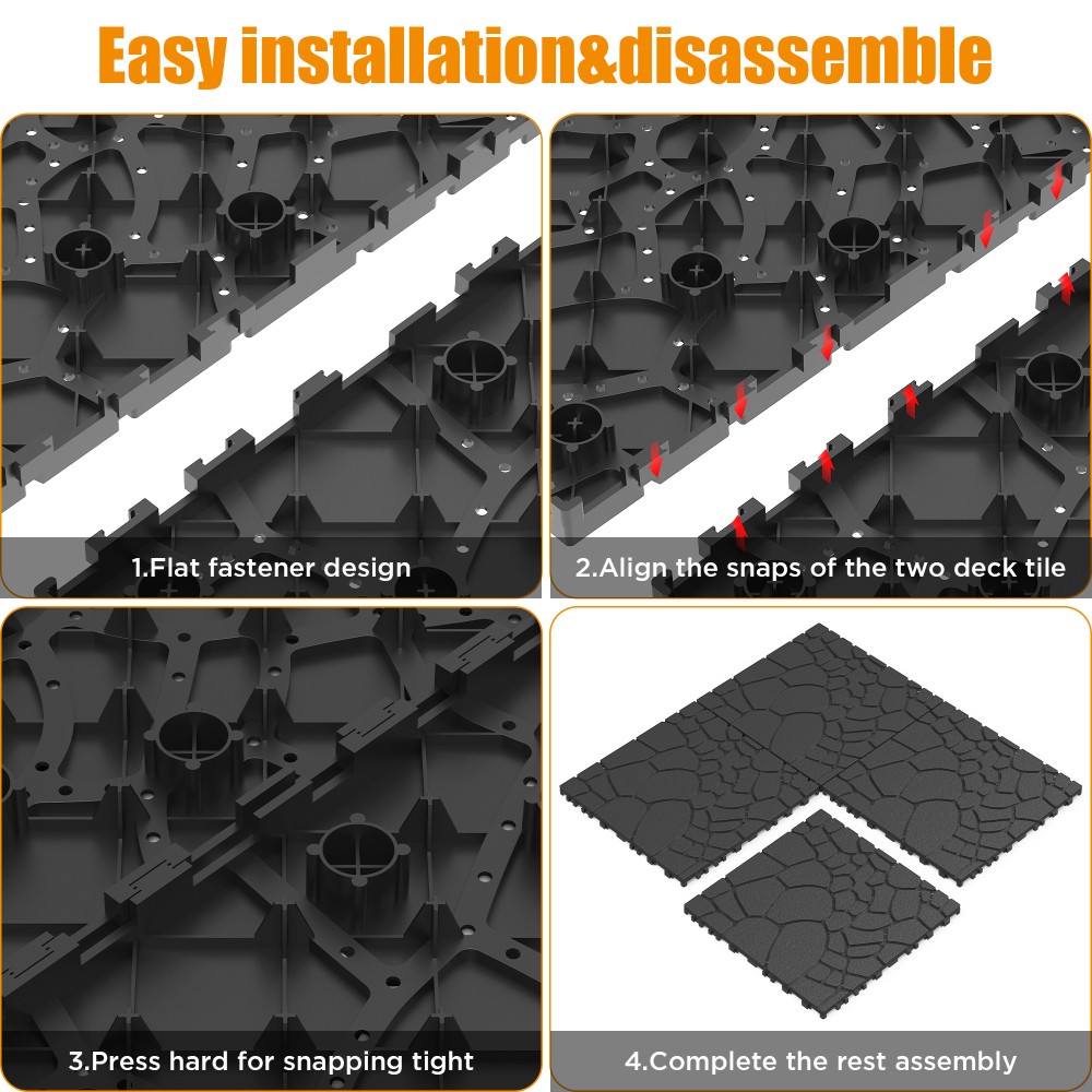 12″ Stone Texture Interlocking Deck Tiles 44Pcs Dark Gray PP Module Floor Tile