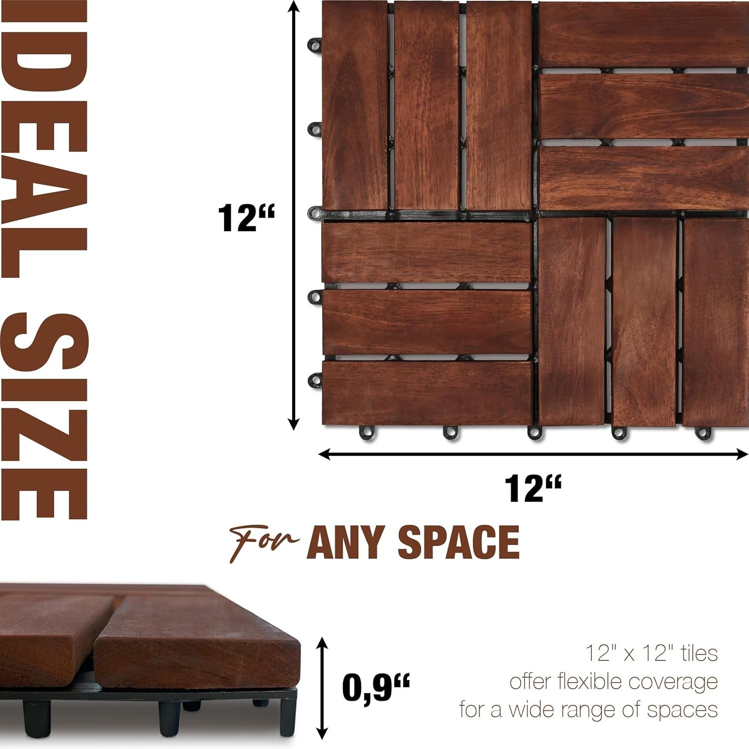 Acacia Wood Interlocking Deck Tiles, 9 Pc, 12″ x 12″ x 0.9″, Dark Brown