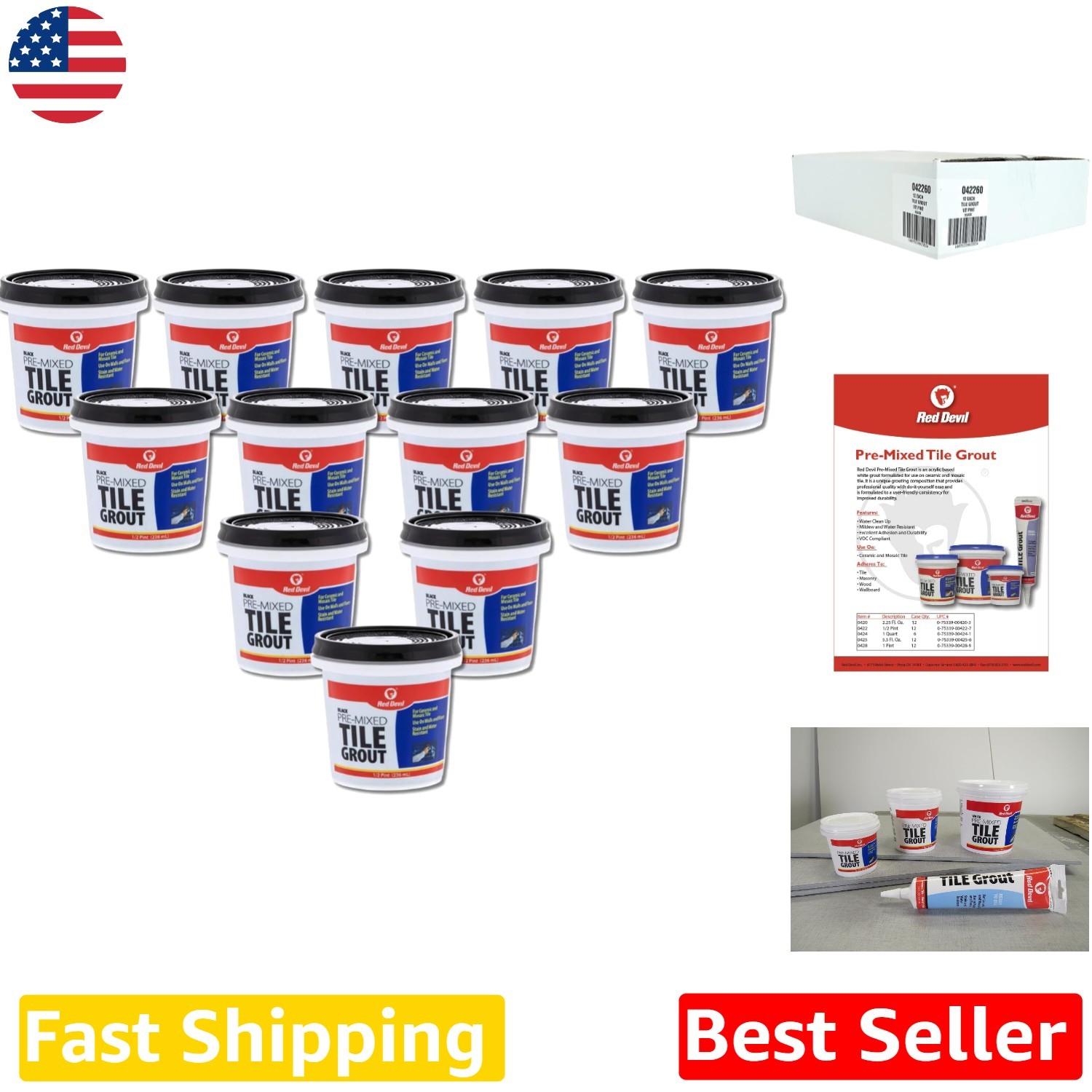 Water Resistant Black Pre-Mixed Tile Grout – 12 Pack 1/2 Pint Superior Adhesion