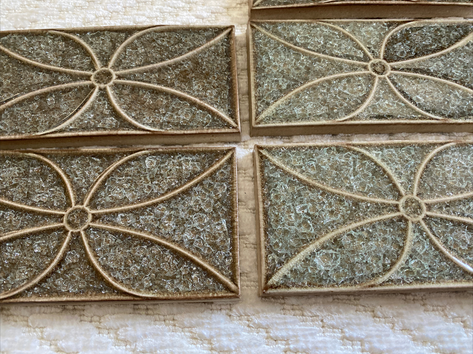 7 Crackle Glass Ceramic Green/ Brown Flower Tiles 3”x6”