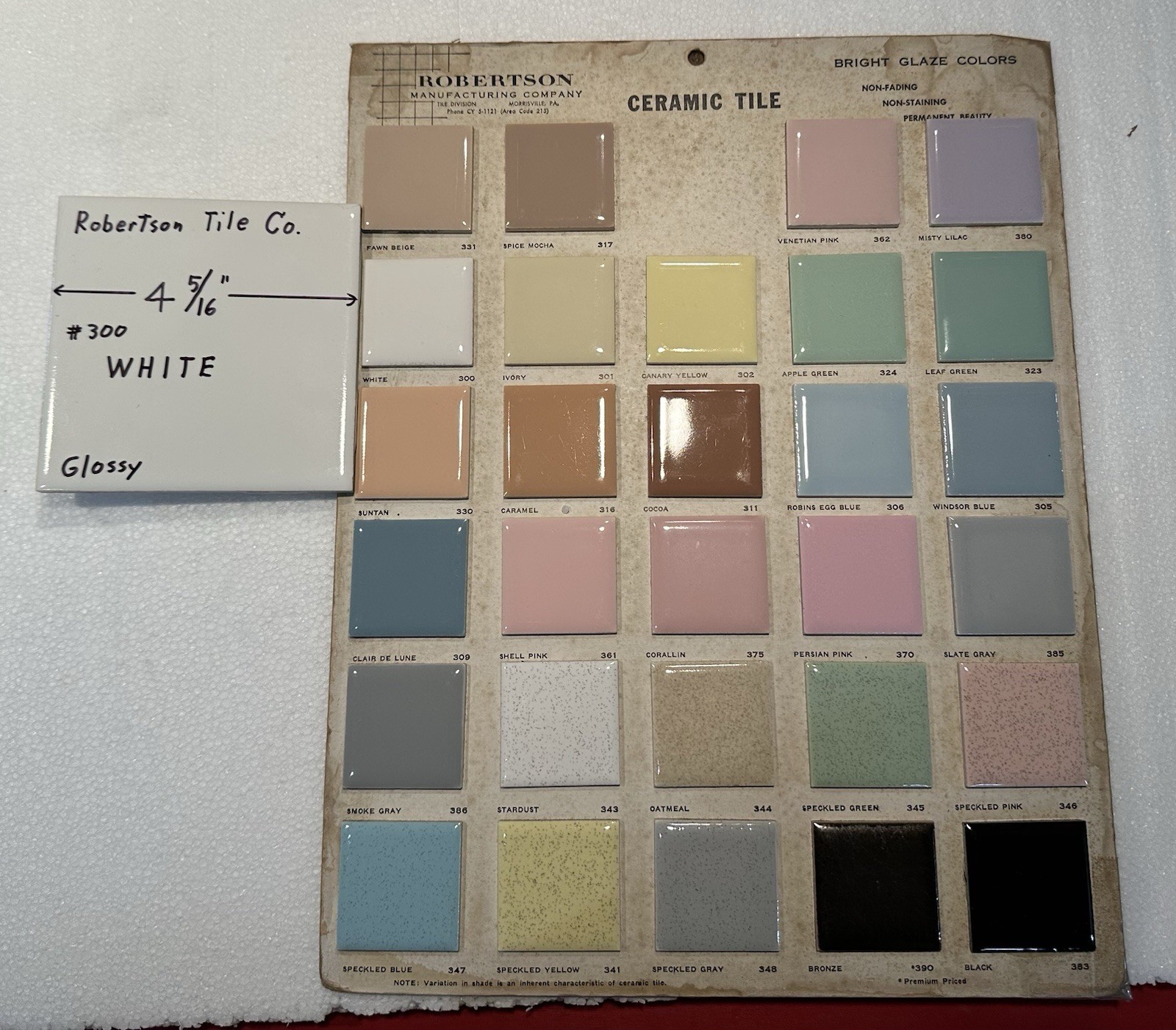 1 pc. Vintage Gloss White: Ceramic Tile by Robertson Co. 4-5/16″ made 1950’s