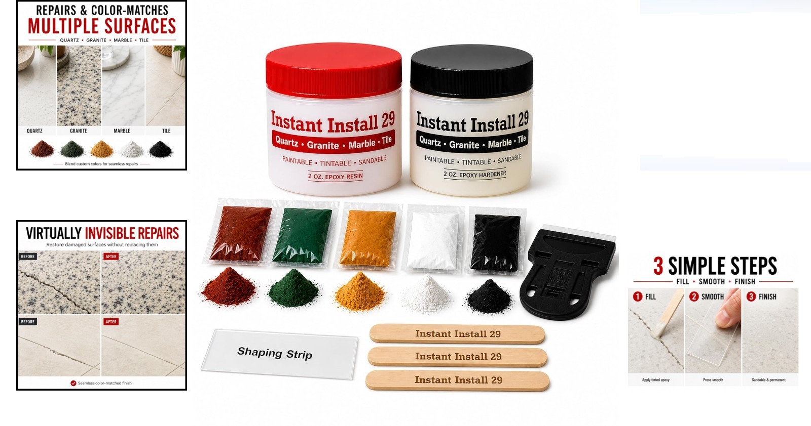 II29 Complete 4 oz Stone Epoxy Kit Chips Cracks Rebuilds EZ-Tint 5-Pack
