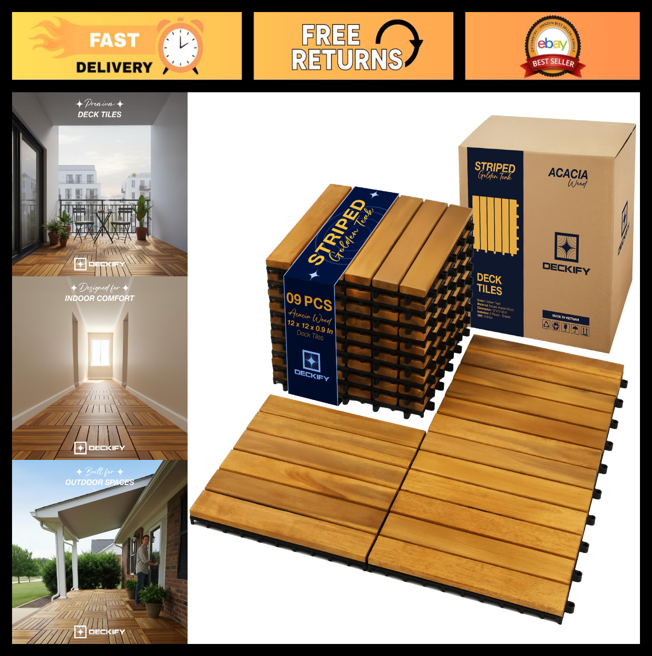 9Pcs Acacia Wood Interlocking Patio Deck Tiles 12″x12″ Waterproof Outdoor Floori