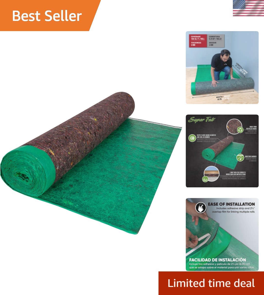 Super Felt Underlayment – 100 sq. ft. Roll – 44″ x 27.3′ x 3 mm