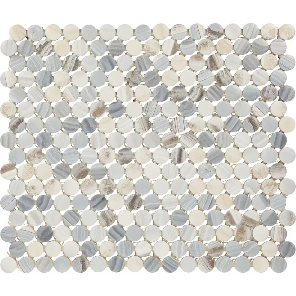 Lamora Marble Coastal Blue 11 In. X 13 In. Glazed Ceramic Penny round Mosaic Til