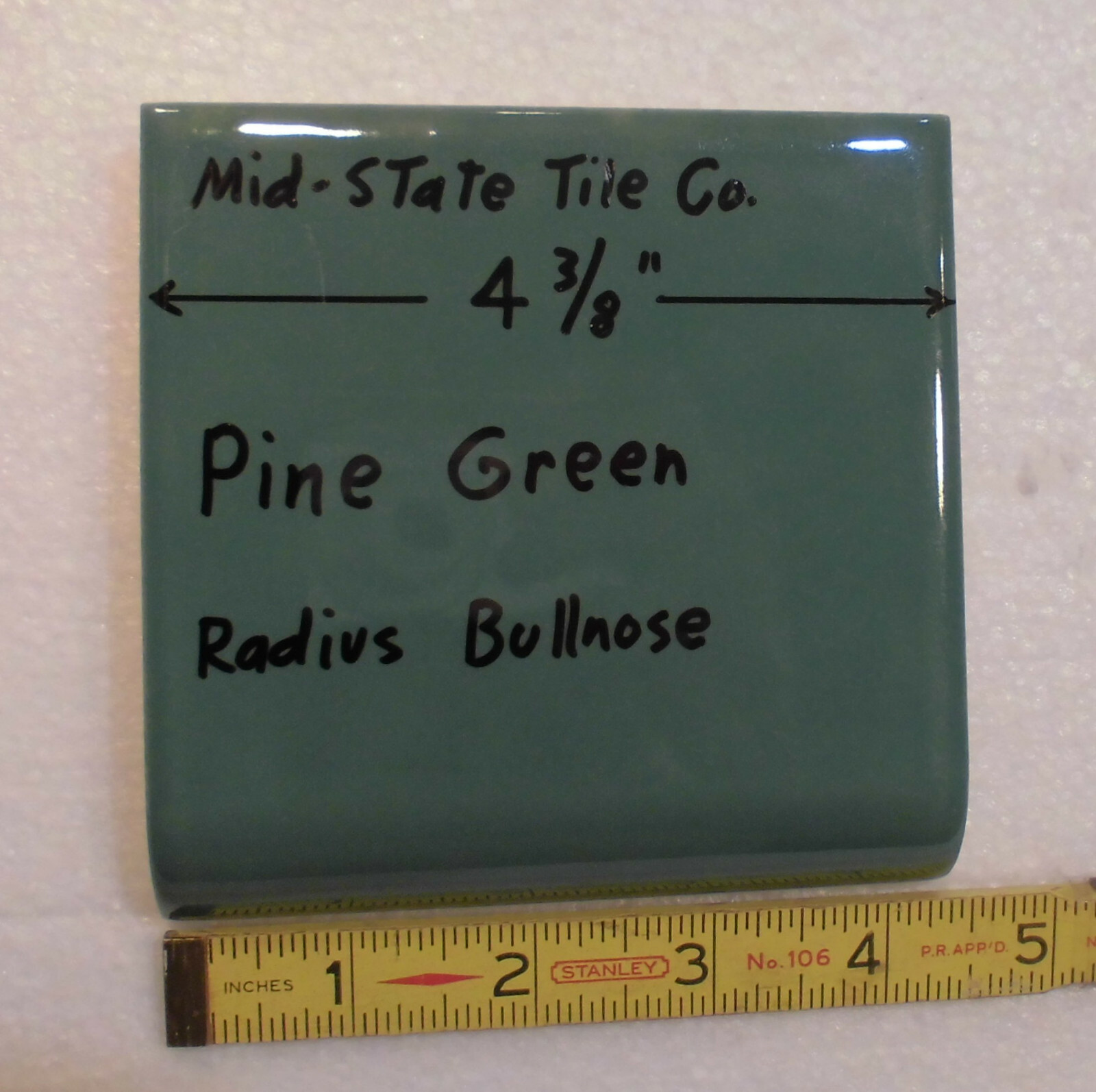 1: Pine Green Radius Bullnose Ceramic Tile 4-3/8″ by Mid-State: Glossy Mudd Cap
