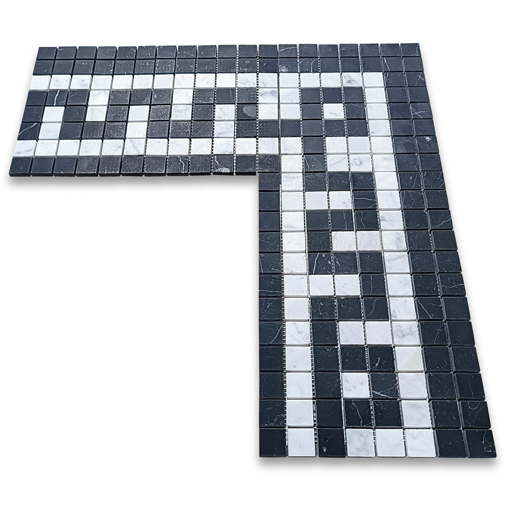 C24C2XH Carrara White Marble Greek Key Mosaic Corner Tile Nero Black Honed